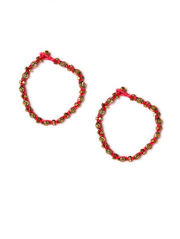 Set Of 2- Meher Pink Floral German Silver Anklets